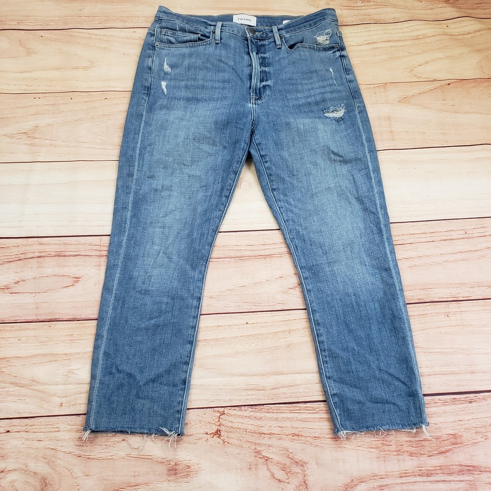 FRAME Le Beau Crop Distressed Jeans Women's Size 27 Light Wash Denim Ladies